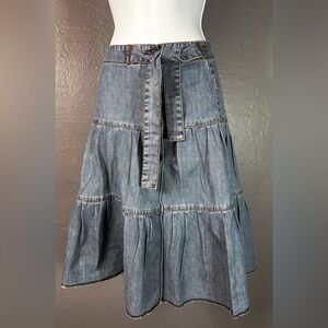 Vintage Zara TRF (Trafaluc Line) Denim Tiered Midi Skirt with Waist Tie Size 6
